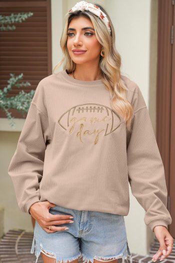 Women Apricot Football Graphic Drop Shoulder Game Day Corded Sweatshirt | Sweatshirts