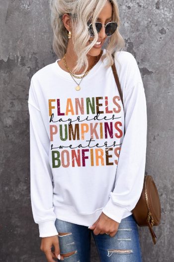 Women Beige Flannels Pumpkins Bonfires Graphic Drop Shoulder Sweatshirt | Sweatshirts