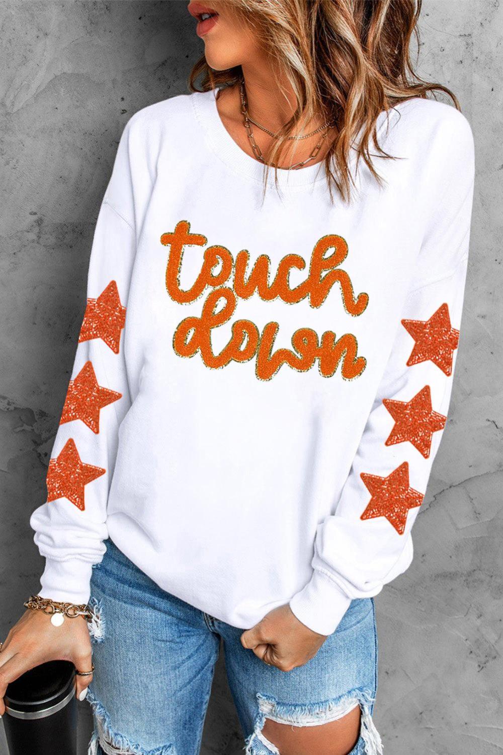 Women Beige Glittering Touch Down Patched Pattern Star Sleeve Sweatshirt | Sweatshirts