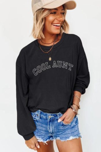Women Black Cool Aunt Embroidered Letter Graphic Sweatshirt | Sweatshirts