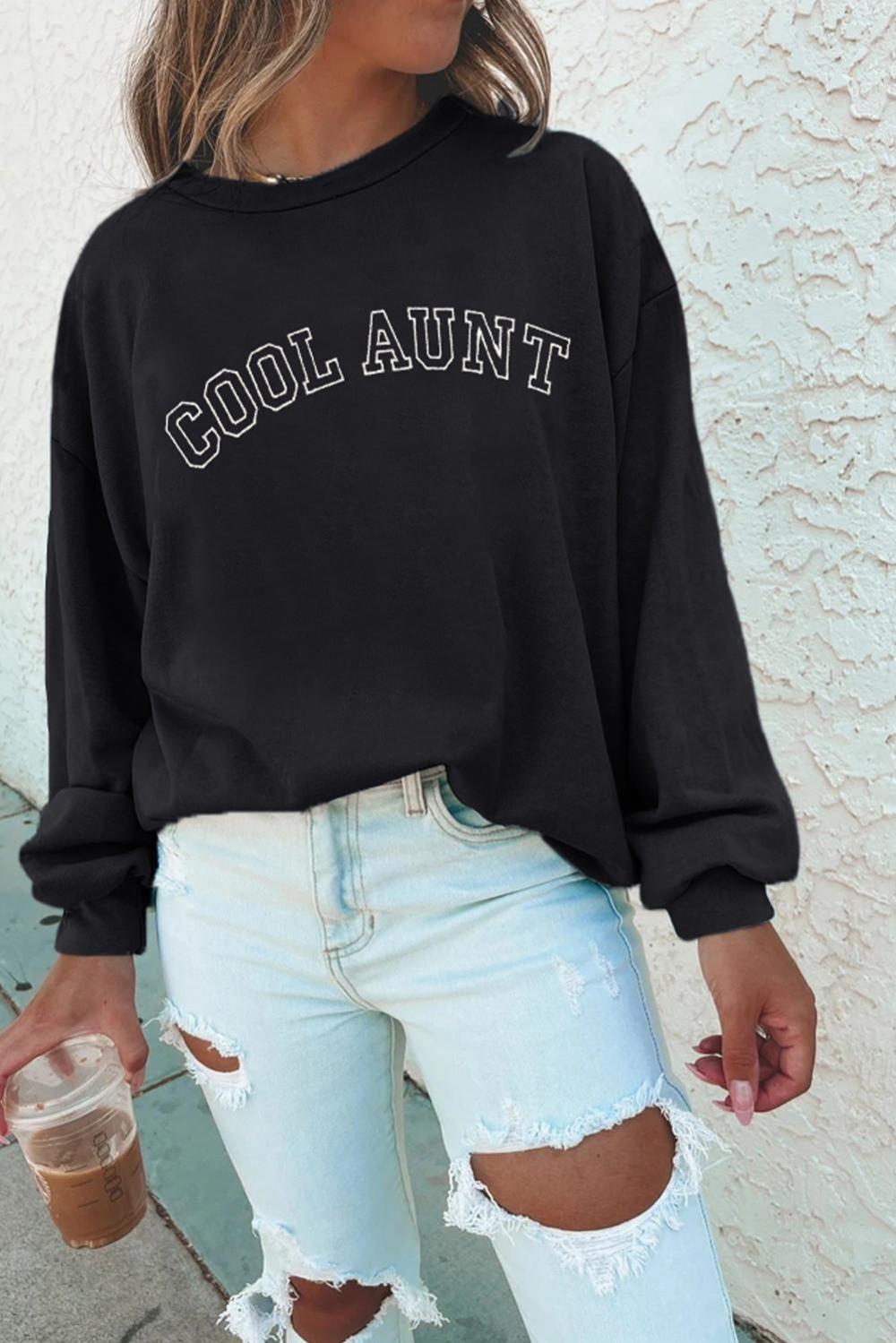 Women Black Cool Aunt Embroidered Letter Graphic Sweatshirt | Sweatshirts - Image 2