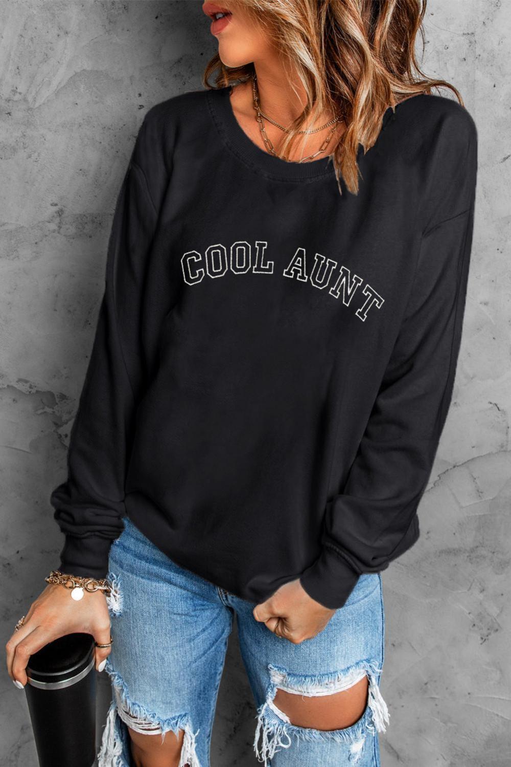 Women Black Cool Aunt Embroidered Letter Graphic Sweatshirt | Sweatshirts - Image 3