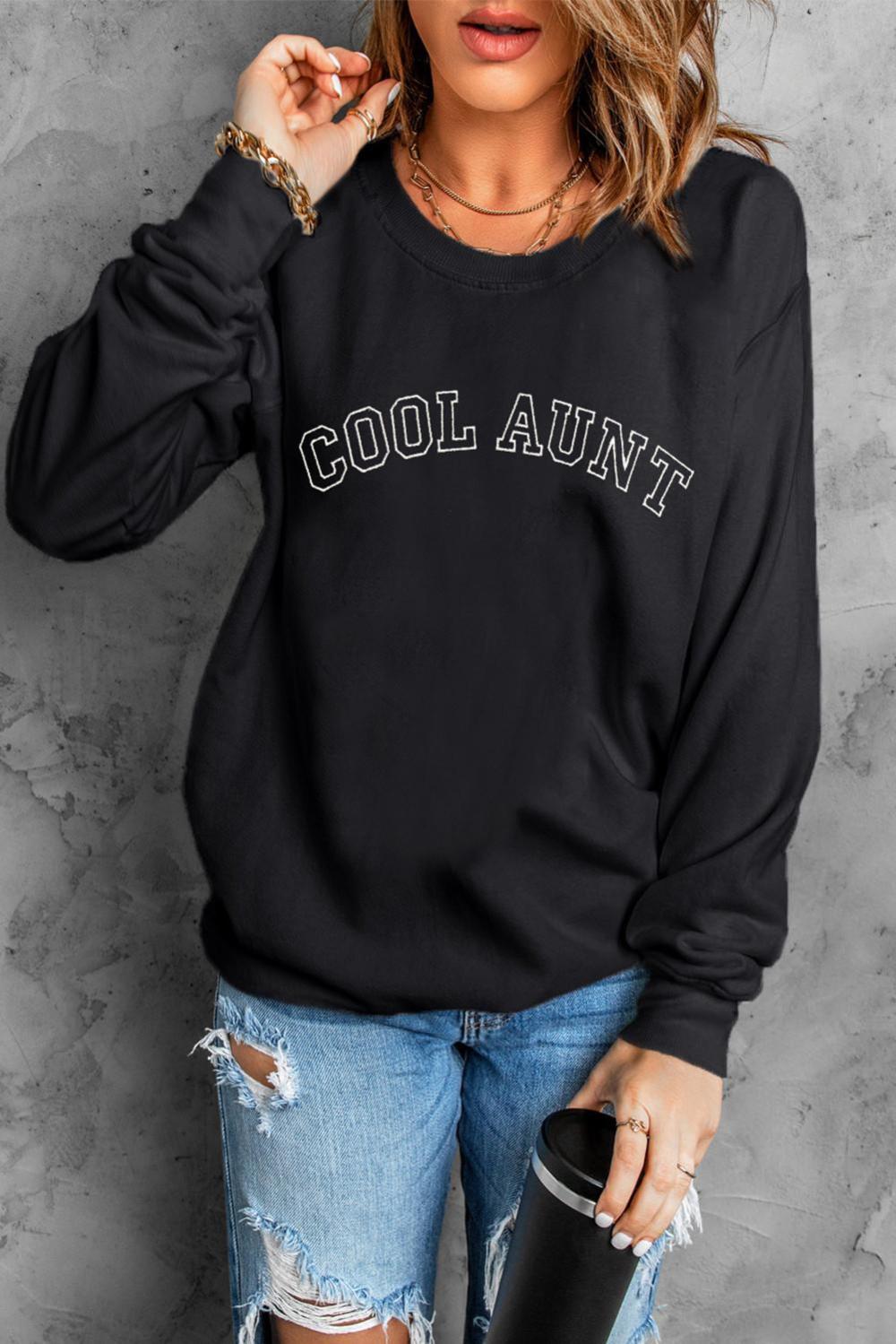 Women Black Cool Aunt Embroidered Letter Graphic Sweatshirt | Sweatshirts - Image 5