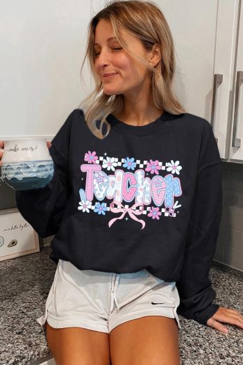 Women Black Custom Teacher Graphic Sweatshirt | Sweatshirts