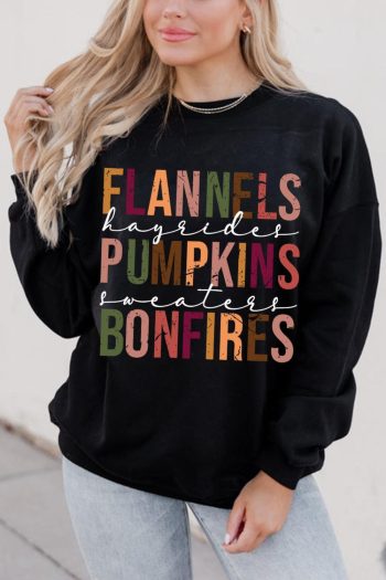 Women Black Flannels Pumpkins Bonfires Graphic Sweatshirt | Sweatshirts
