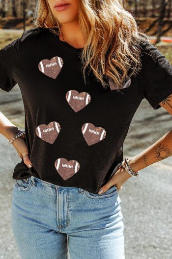 Women Black Football Sequin Heart Patched Graphic Tee | Tees & Tanks