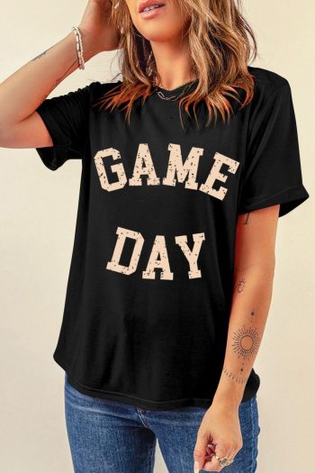 Women Black Game Day Crewneck Graphic T Shirt | Tees & Tanks