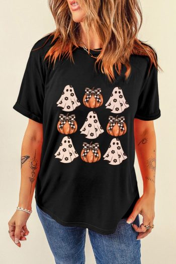 Women Black Halloween Ghost Pumpkin Graphic Crew Neck T Shirt | Tees & Tanks