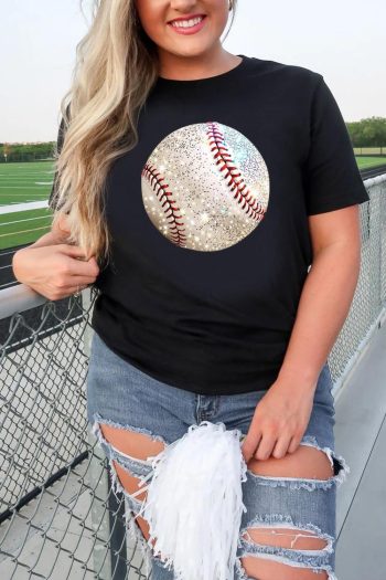 Women Black Heat Transfer Baseball Print Cotton Blend T Shirt | Tees & Tanks