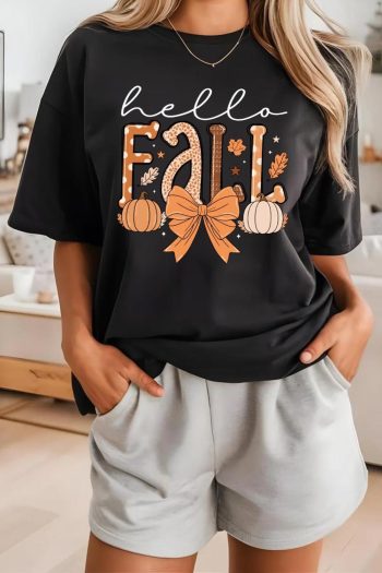 Women Black Hello Fall Thanksgiving Bow Pumpkin Graphic Tee | Tees & Tanks