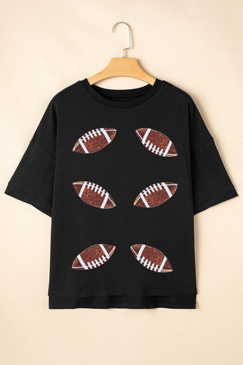 Women Black Sequin Football Patched Crewneck Loose T Shirt | Tees & Tanks - Image 2