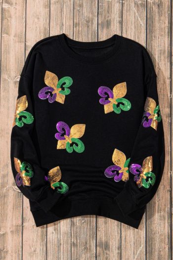 Women Black Sequin Mardi Gras Graphic Pullover Sweatshirt | Sweatshirts