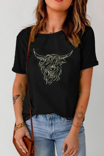 Women Black Vintage Bull Head Graphic Pattern T Shirt | Tees & Tanks