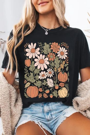 Women Black Wild Flower Pumpkin Print T Shirt | Tees & Tanks