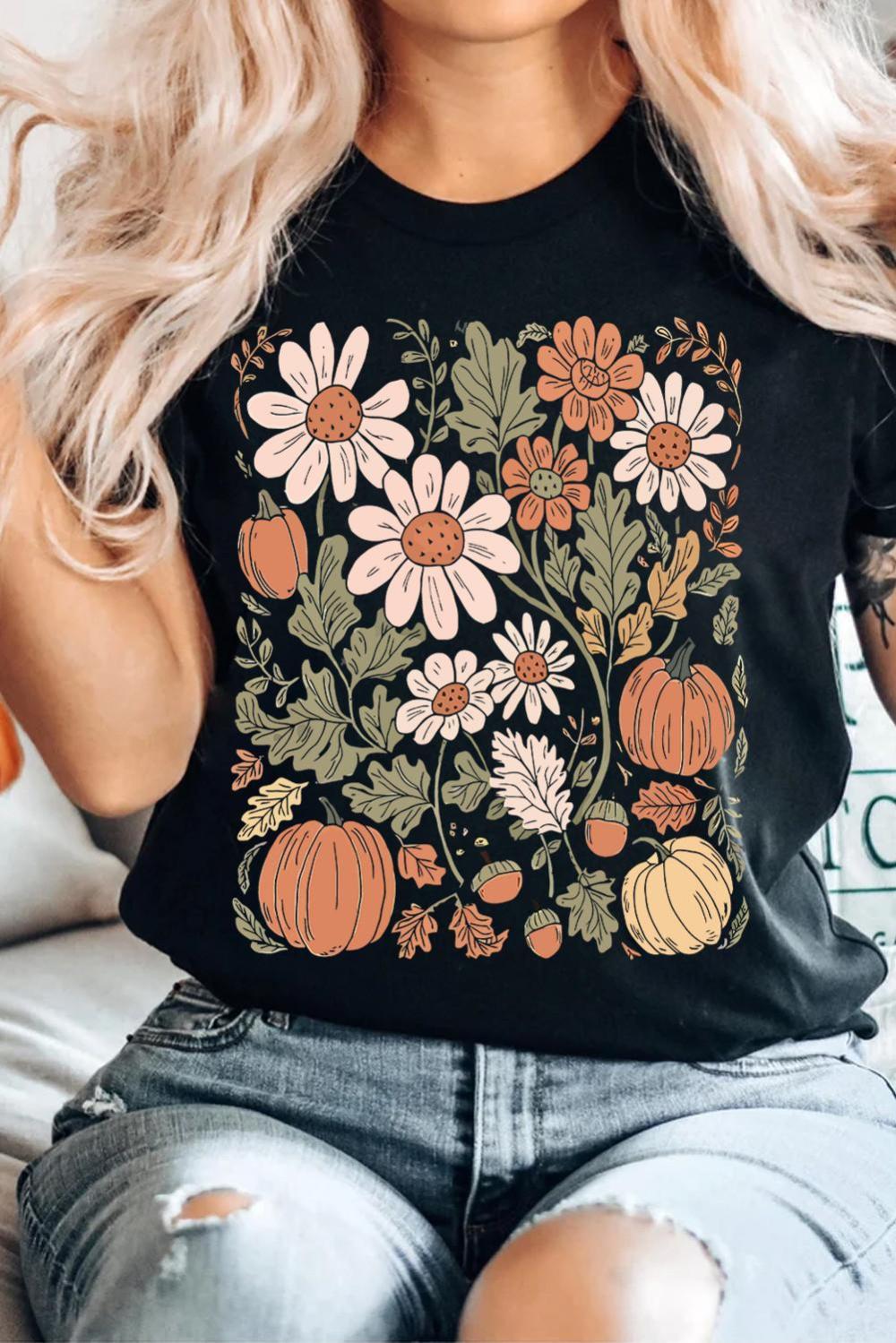Women Black Wild Flower Pumpkin Print T Shirt | Tees & Tanks - Image 2