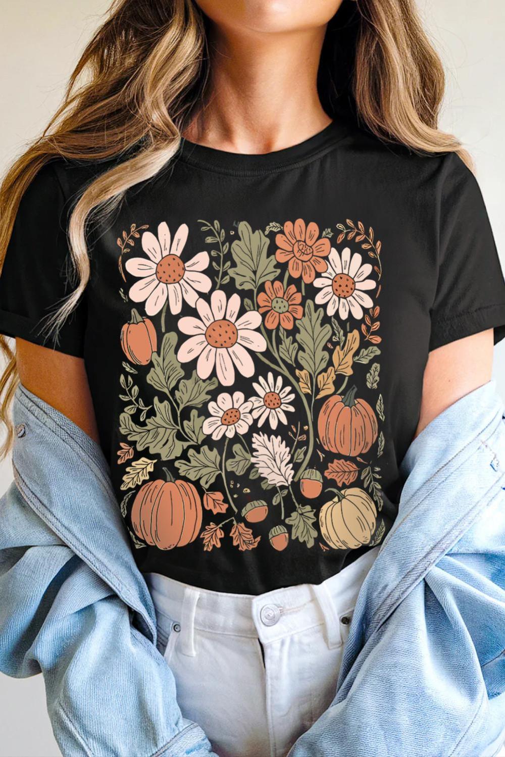 Women Black Wild Flower Pumpkin Print T Shirt | Tees & Tanks - Image 3