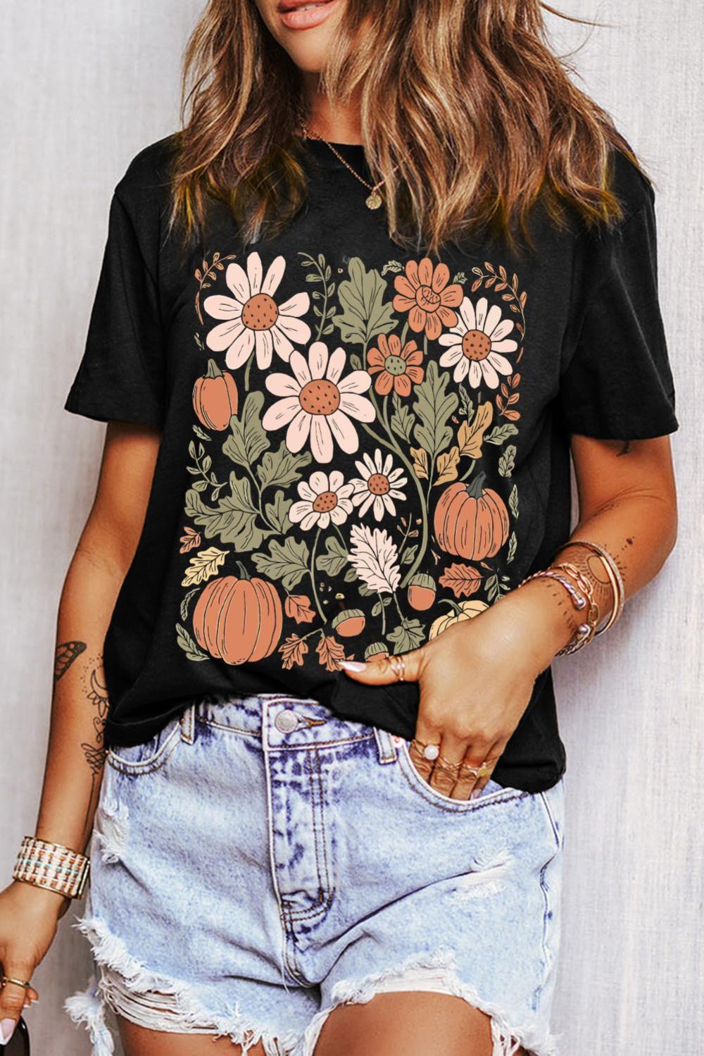Women Black Wild Flower Pumpkin Print T Shirt | Tees & Tanks - Image 4