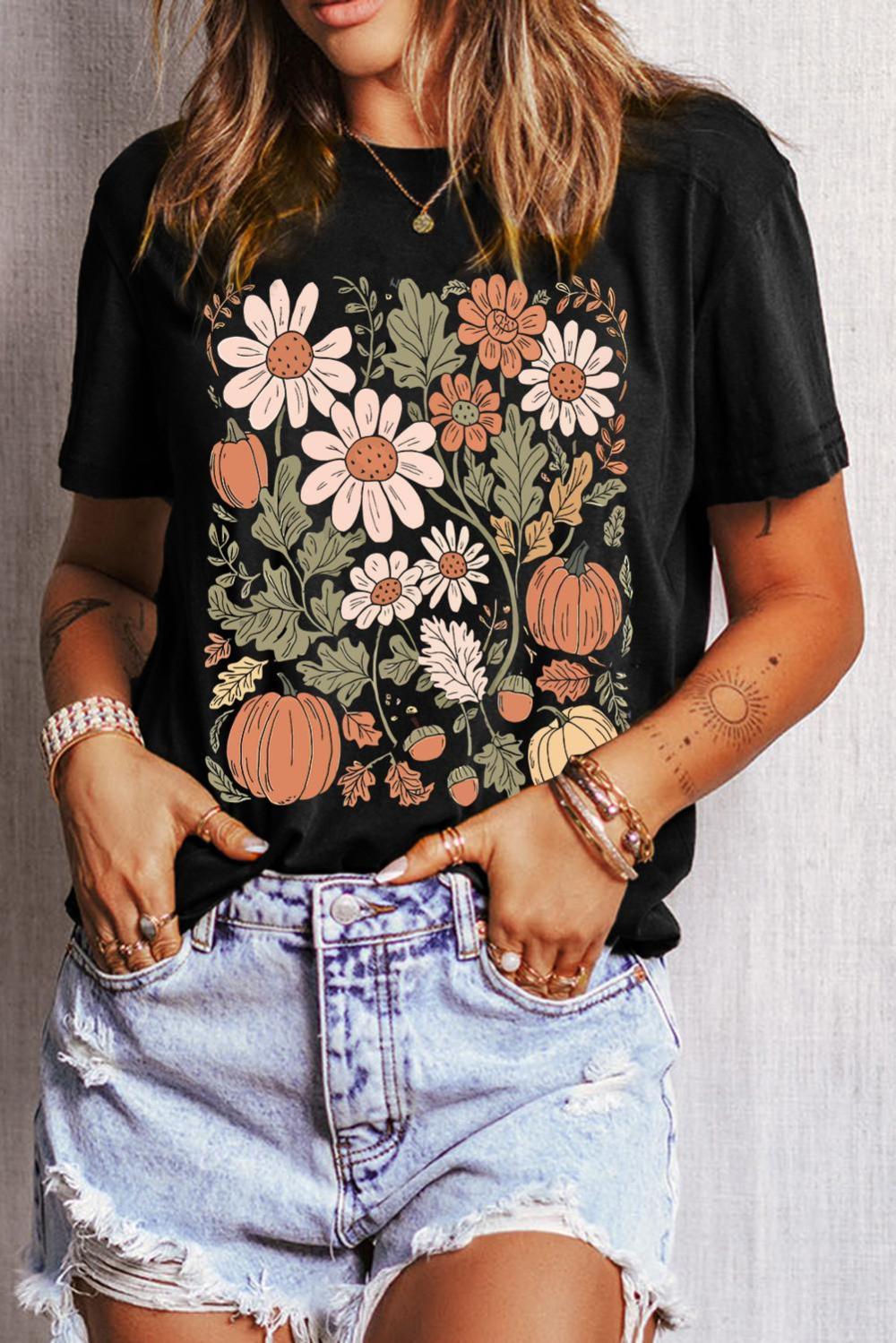 Women Black Wild Flower Pumpkin Print T Shirt | Tees & Tanks - Image 5