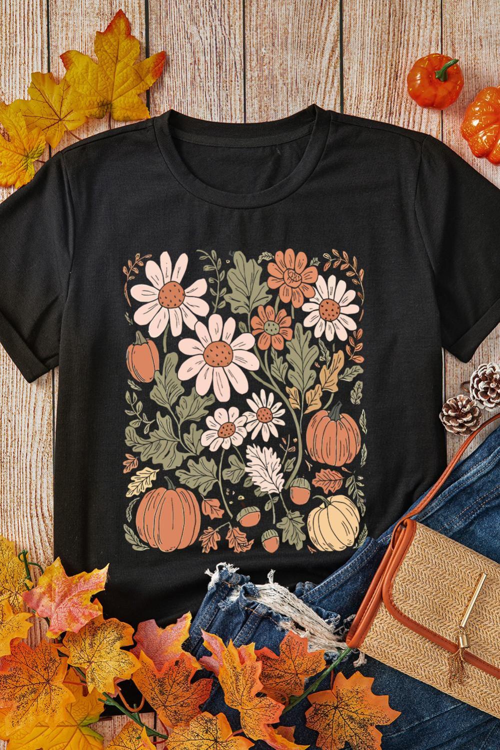 Women Black Wild Flower Pumpkin Print T Shirt | Tees & Tanks - Image 6