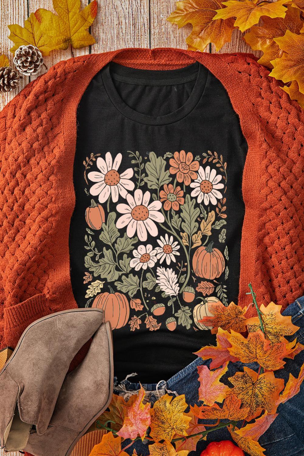 Women Black Wild Flower Pumpkin Print T Shirt | Tees & Tanks - Image 7
