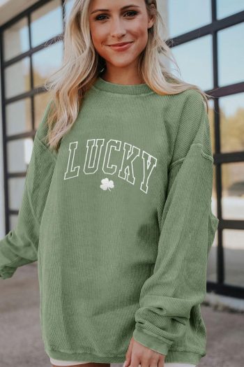Women Grass Green Lucky Clover Drop Shoulder Ribbed St Patrick Sweatshirt | Sweatshirts