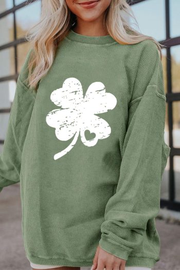 Women Grass Green St Patricks Corded Distressed Clover Graphic Sweatshirt | Sweatshirts