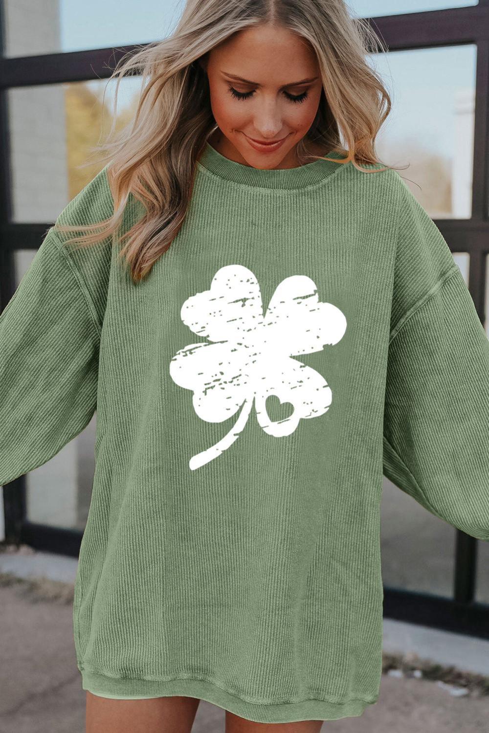 Women Grass Green St Patricks Corded Distressed Clover Graphic Sweatshirt | Sweatshirts - Image 2