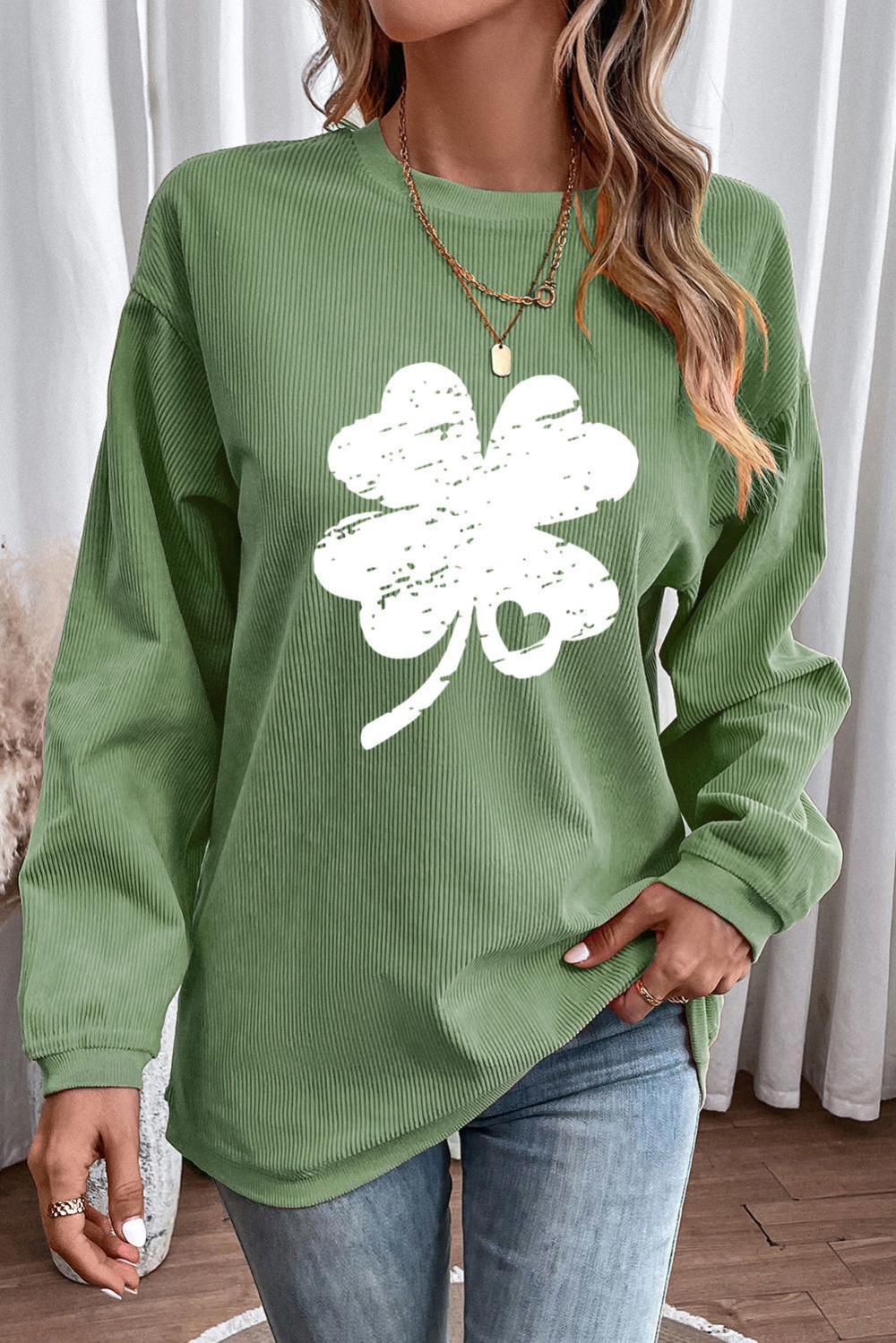 Women Grass Green St Patricks Corded Distressed Clover Graphic Sweatshirt | Sweatshirts - Image 3
