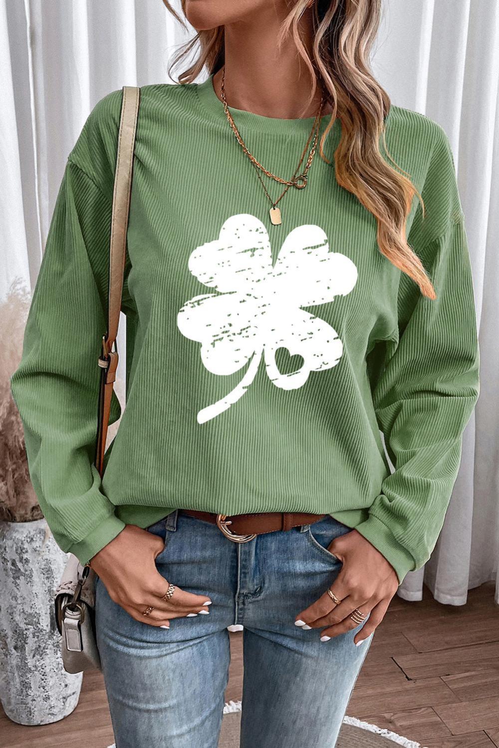 Women Grass Green St Patricks Corded Distressed Clover Graphic Sweatshirt | Sweatshirts - Image 4