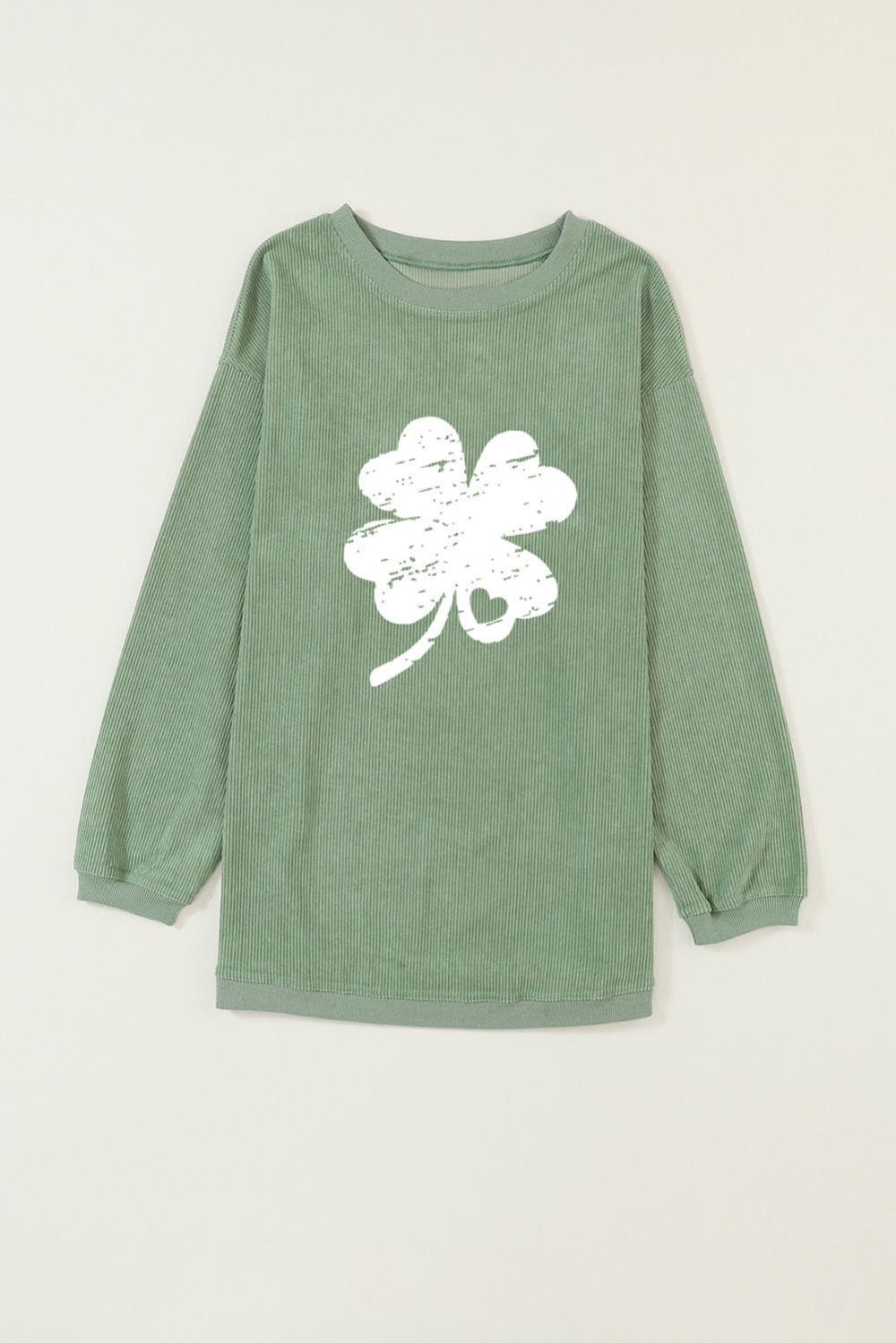 Women Grass Green St Patricks Corded Distressed Clover Graphic Sweatshirt | Sweatshirts - Image 5
