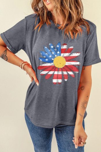 Women Gray 4th Of July Sunflower Graphic Crew Neck Tee | Tees & Tanks