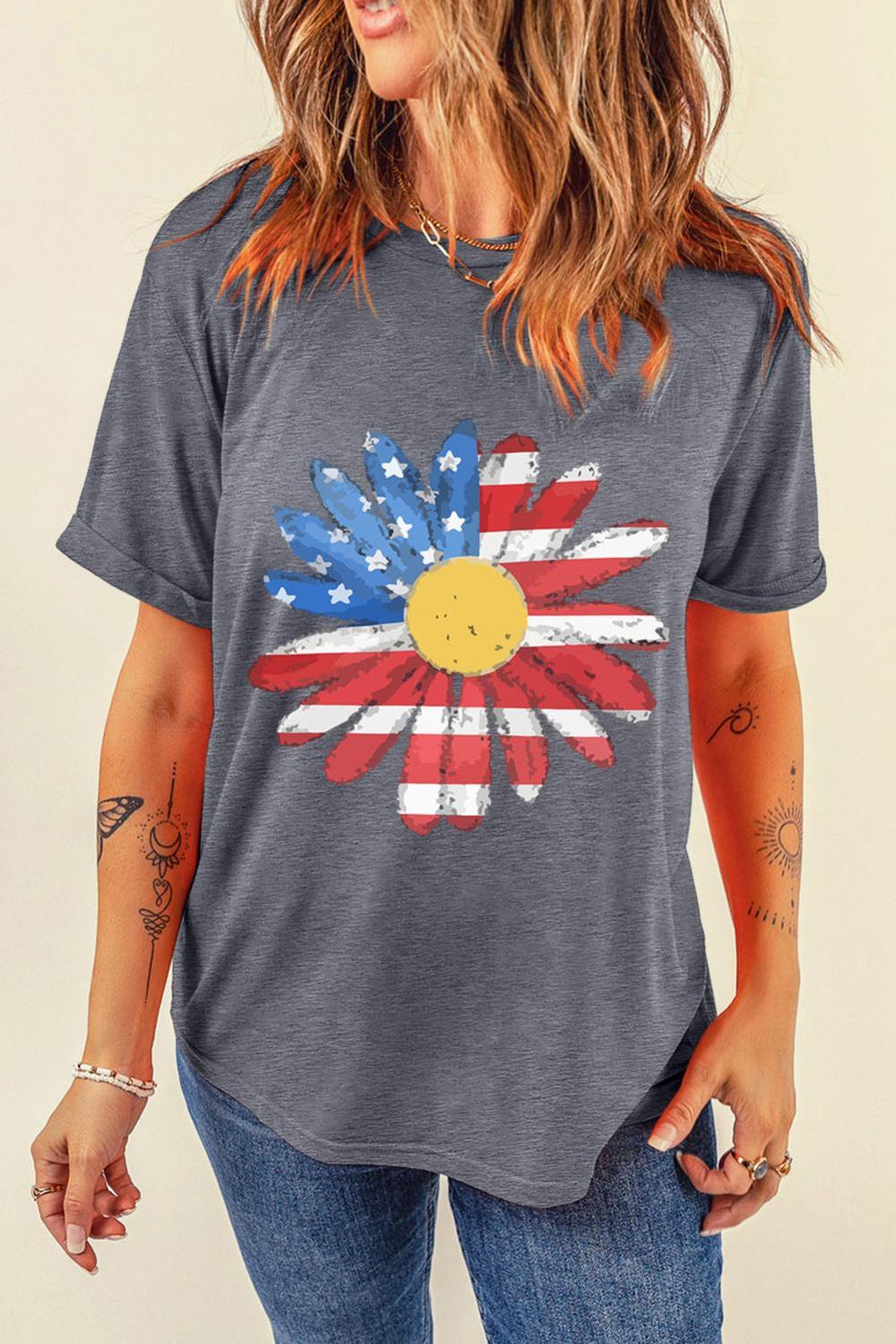 Women Gray 4th Of July Sunflower Graphic Crew Neck Tee | Tees & Tanks - Image 2