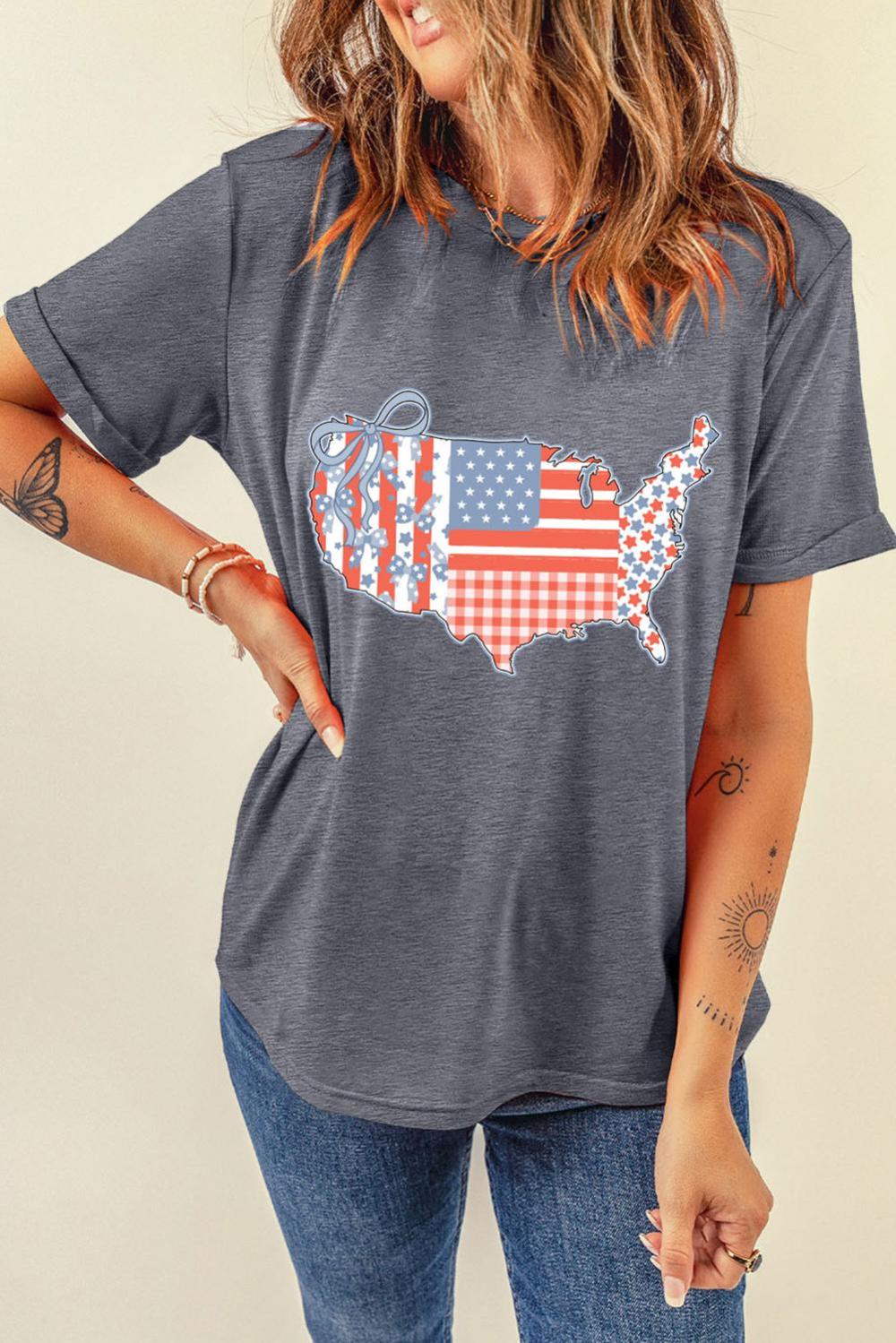Women Gray American Flag Bow Map Graphic Tee | Tees & Tanks - Image 2