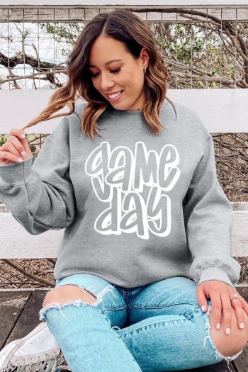 Women Gray Game Day Printed Round Neck Sweatshirt | Sweatshirts