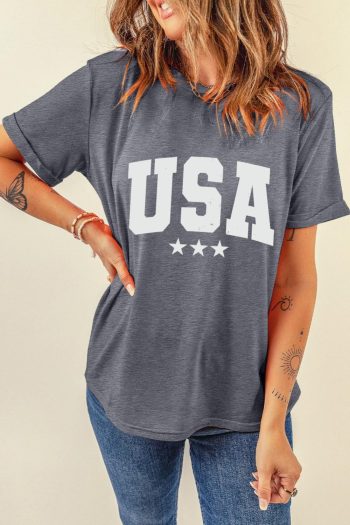 Women Gray Usa Letter Crewneck Tee | Tees & Tanks
