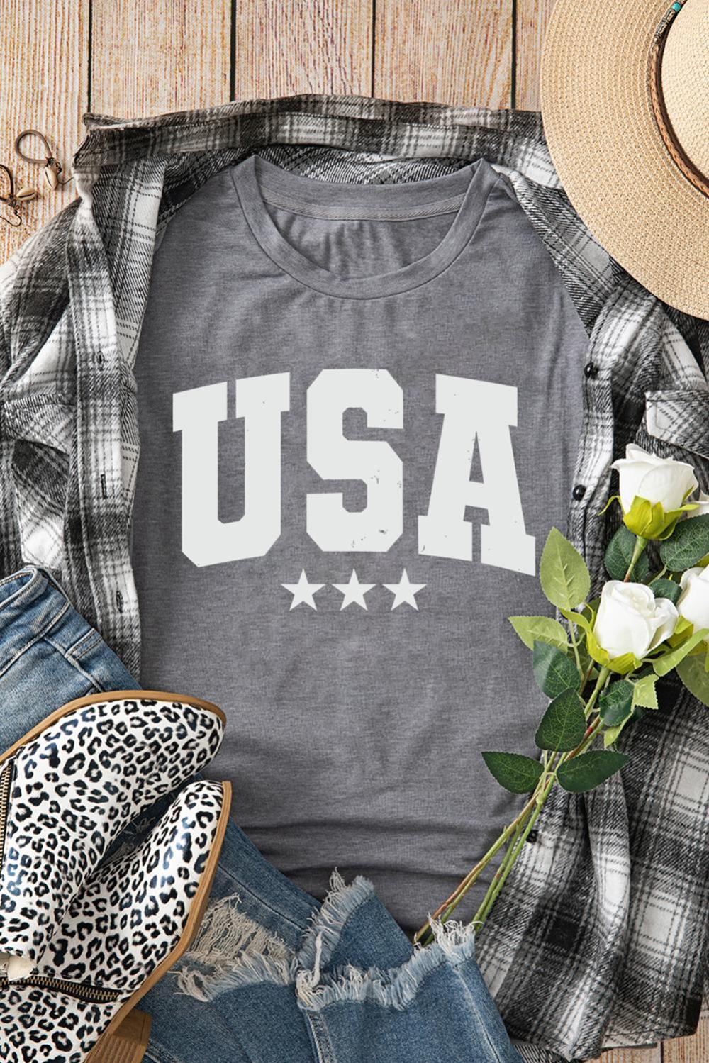 Women Gray Usa Letter Crewneck Tee | Tees & Tanks - Image 2