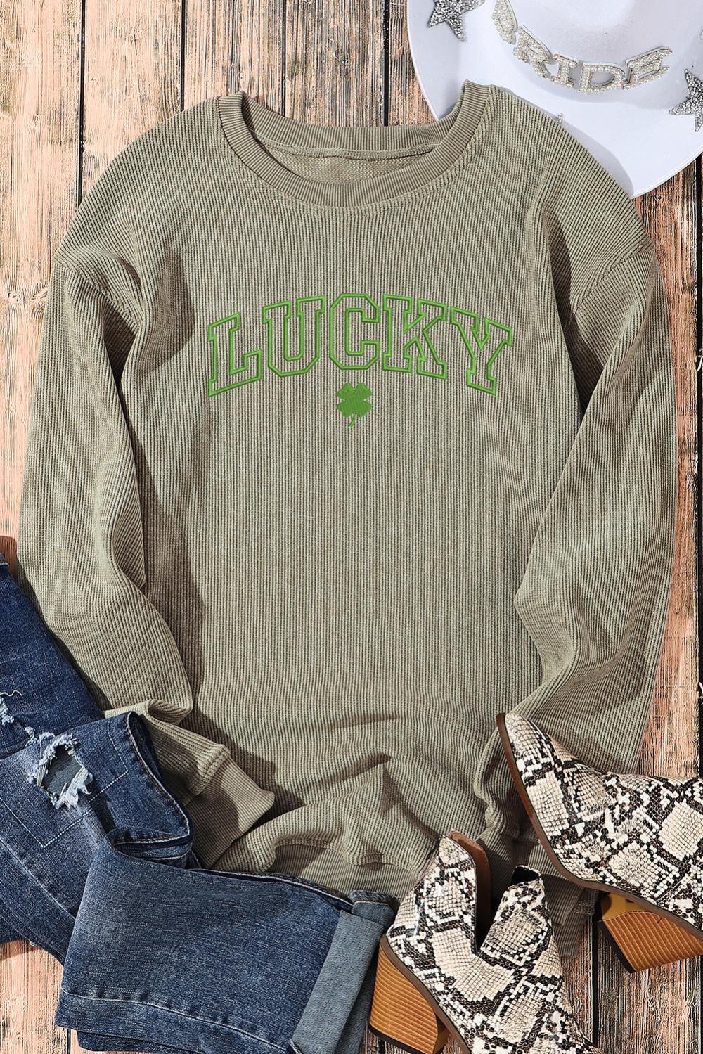 Women Green Lucky Clover Graphic Corded Crewneck Sweatshirt | Sweatshirts