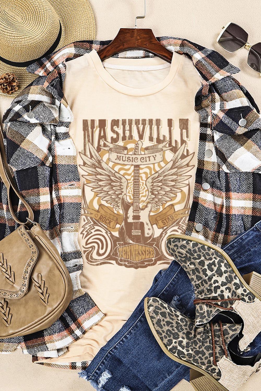 Women Khaki Band Tee Casual Short Sleeve Crew Neck Graphic T Shirt | Tees & Tanks - Image 6