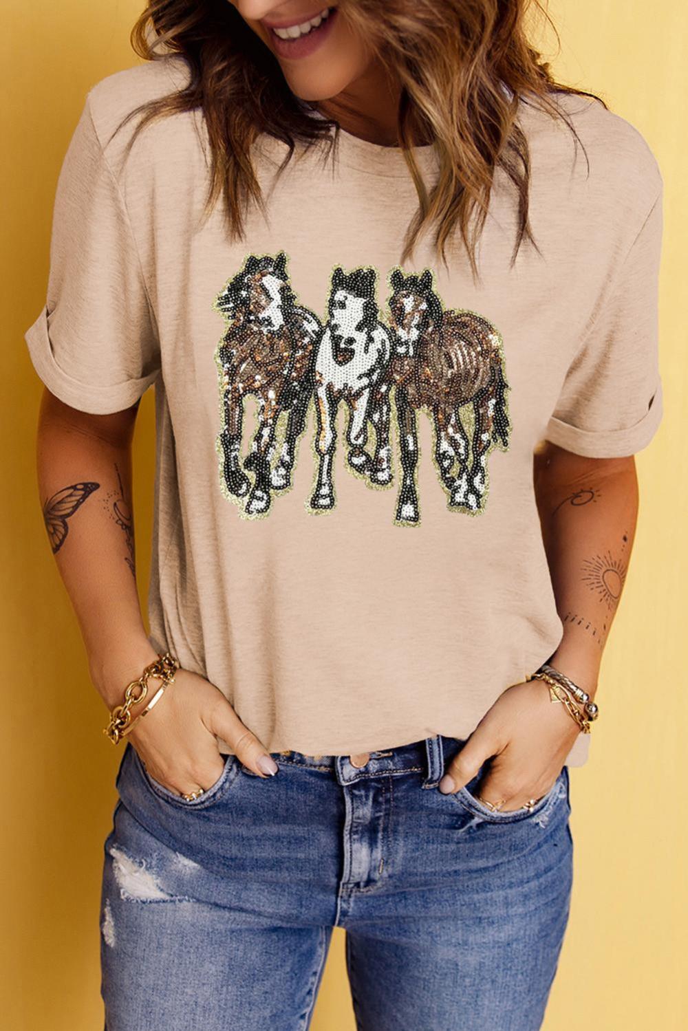 Women Khaki Sequin Horses Patched Casual Crewneck T Shirt | Tees & Tanks - Image 2