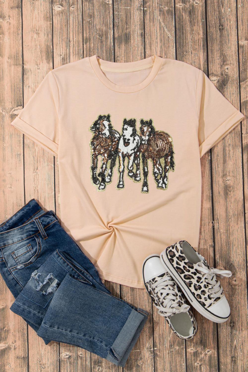 Women Khaki Sequin Horses Patched Casual Crewneck T Shirt | Tees & Tanks - Image 3