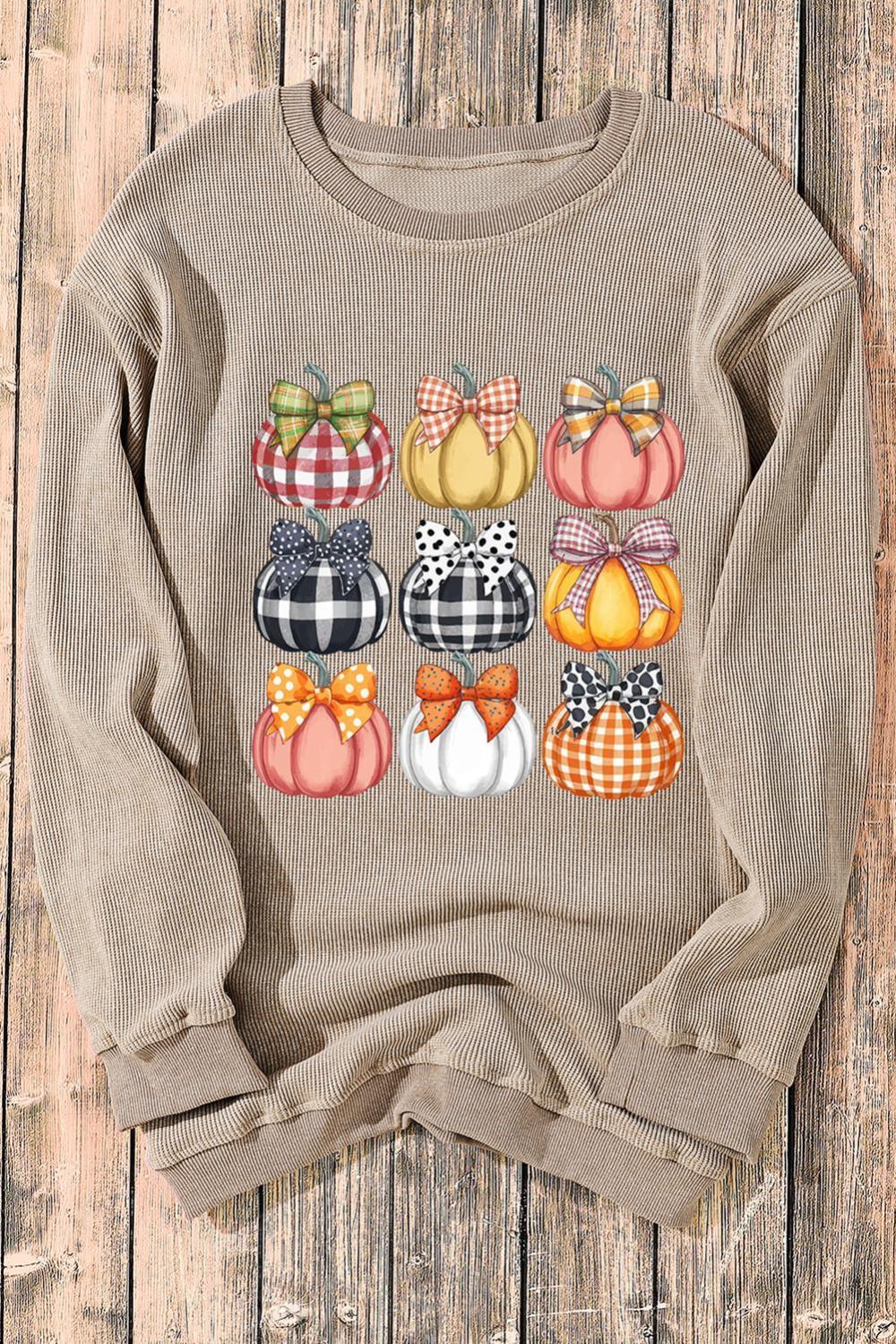 Women Khaki Trendy Textured Bow Pumpkin Graphic Baggy Sweatshirt | Sweatshirts