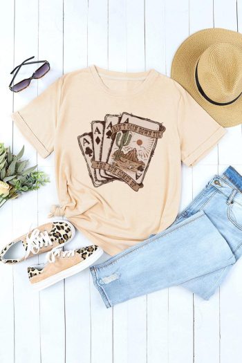 Women Khaki Western Poker Card Graphic T Shirt | Tees & Tanks