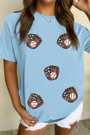 Women Light Blue Baseball Sequin Patched Casual T Shirt | Tees & Tanks