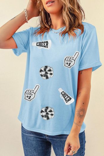 Women Light Blue Cheer Game Day Element Sequin Patched T Shirt | Tees & Tanks