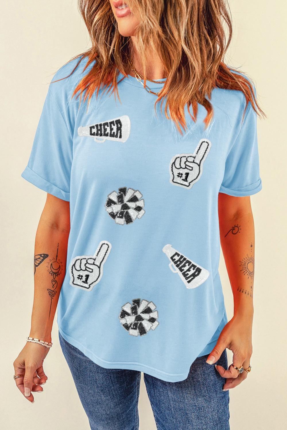 Women Light Blue Cheer Game Day Element Sequin Patched T Shirt | Tees & Tanks - Image 2