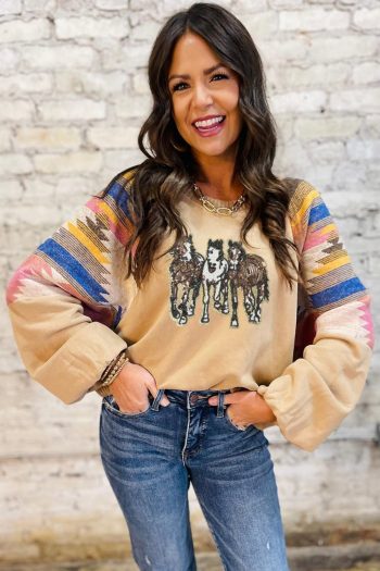 Women Light French Beige Sequined Horses Graphic Fashion Sweatshirt | Sweatshirts