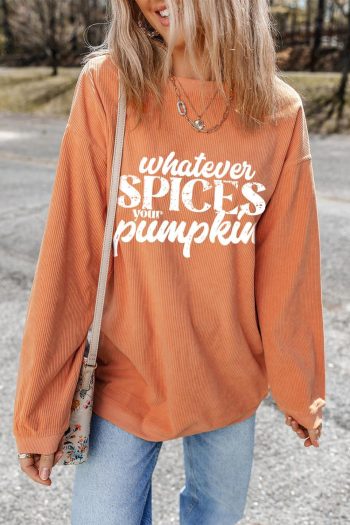 Women Orange Crinkle Rib Whatever Spices Your Pumpkin Graphic Sweatshirt | Sweatshirts