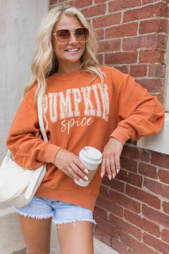 Women Orange Crinkle Ribbed Pumpkin Spice Graphic Crewneck Sweatshirt | Sweatshirts
