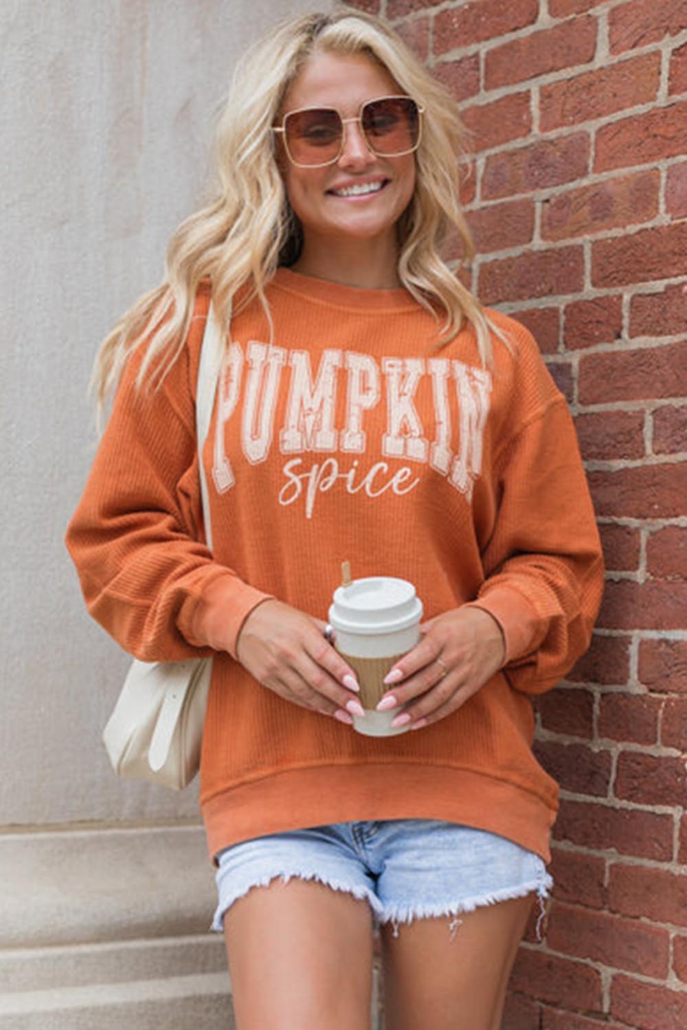 Women Orange Crinkle Ribbed Pumpkin Spice Graphic Crewneck Sweatshirt | Sweatshirts - Image 2