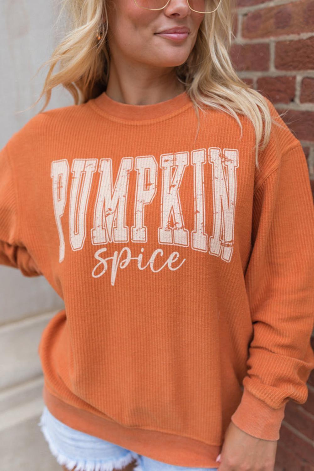 Women Orange Crinkle Ribbed Pumpkin Spice Graphic Crewneck Sweatshirt | Sweatshirts - Image 3